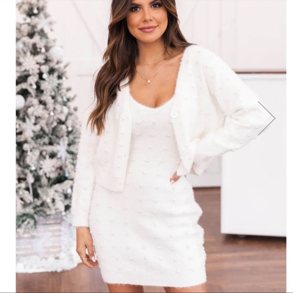 Brand new pearl detail dress and cardigan